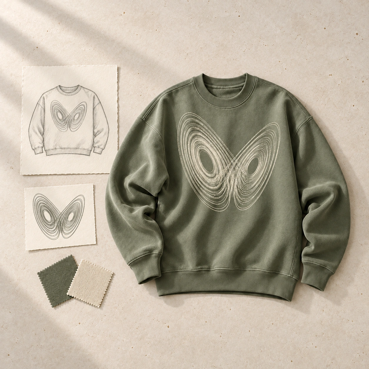 Editorial concept: a garment sketch, mathematical print artwork, fabric swatches and a finished sage sweatshirt
